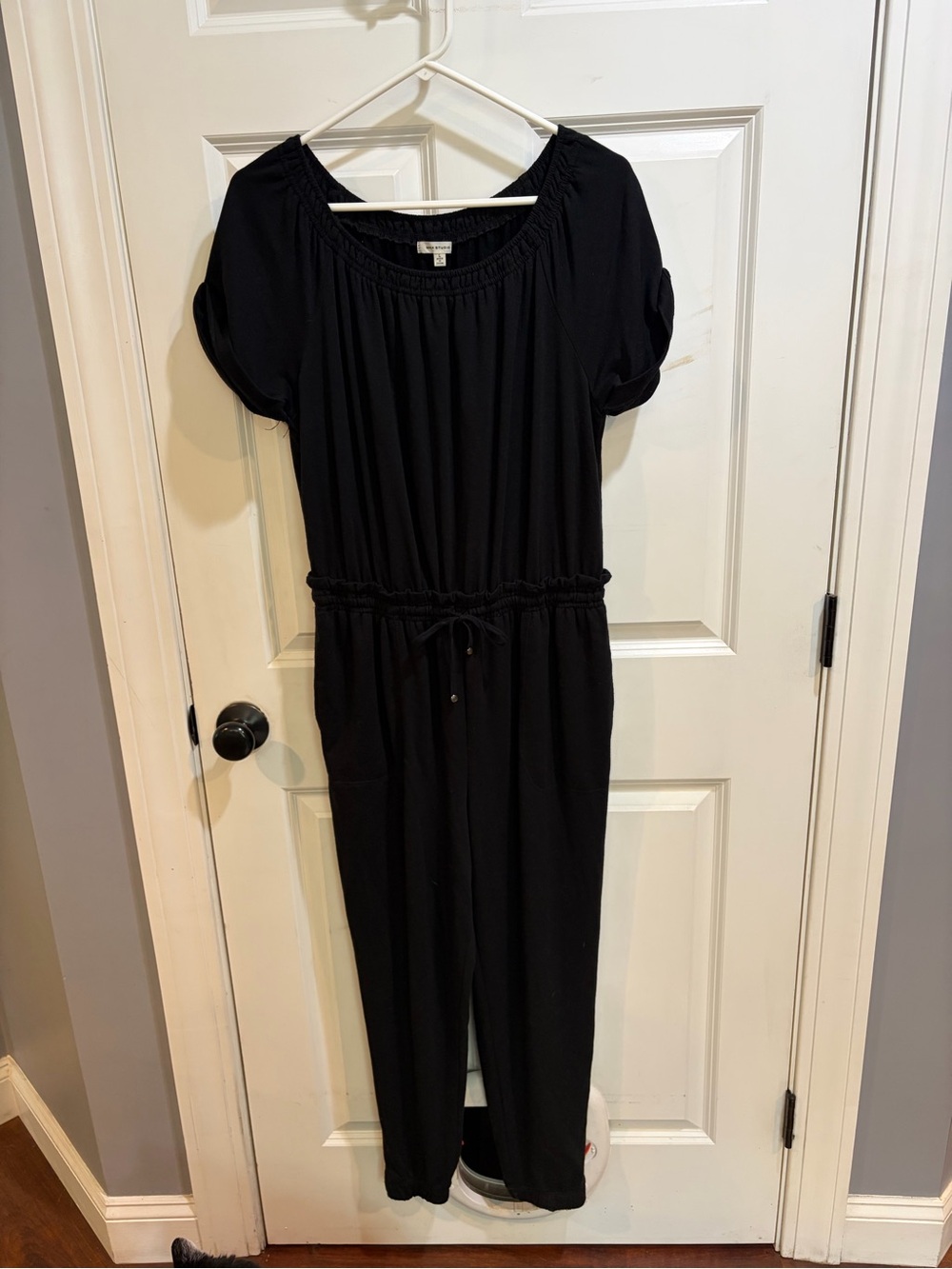 Max Studio Black Short-Sleeve Drawstring-Waist Jumpsuit